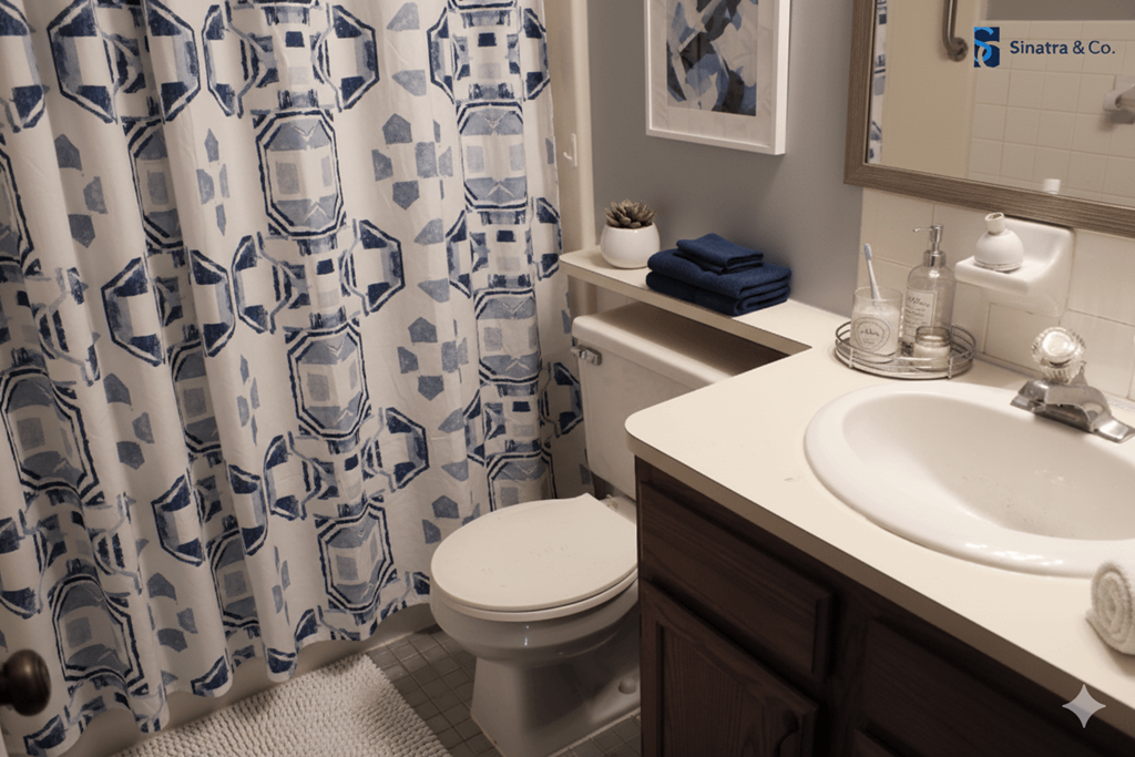 A bathroom with a toilet, sink, and shower curtain.