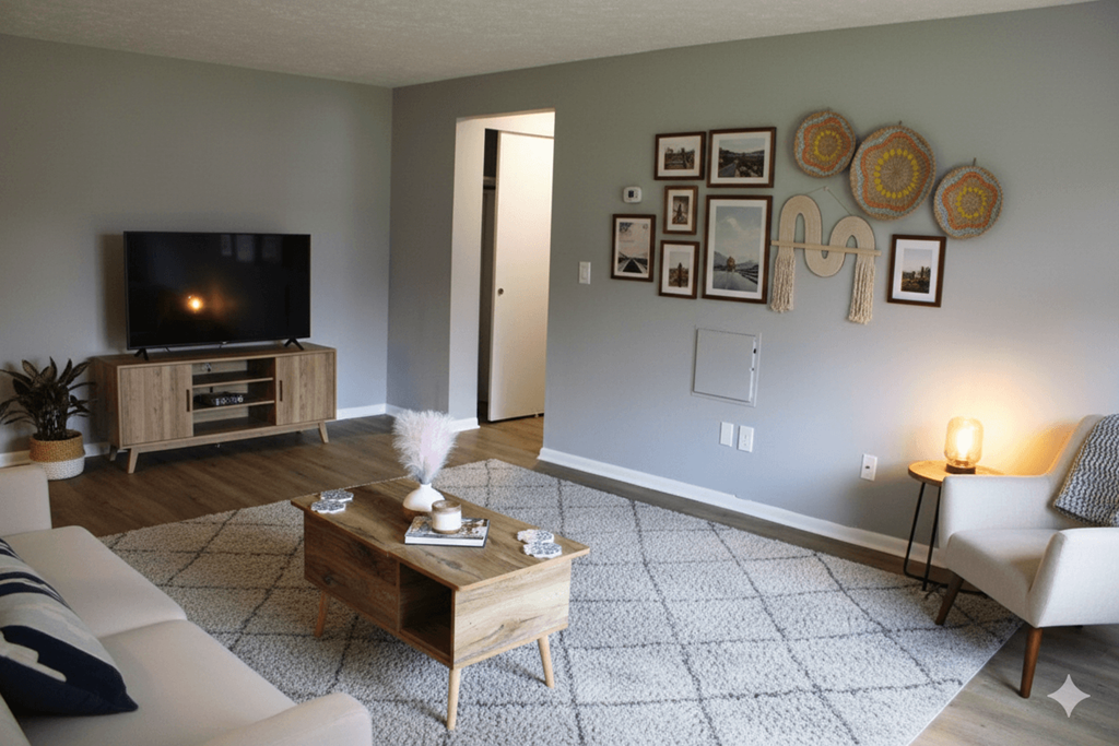 A living room with a white couch, a coffee table, a television, and pictures on the wall.