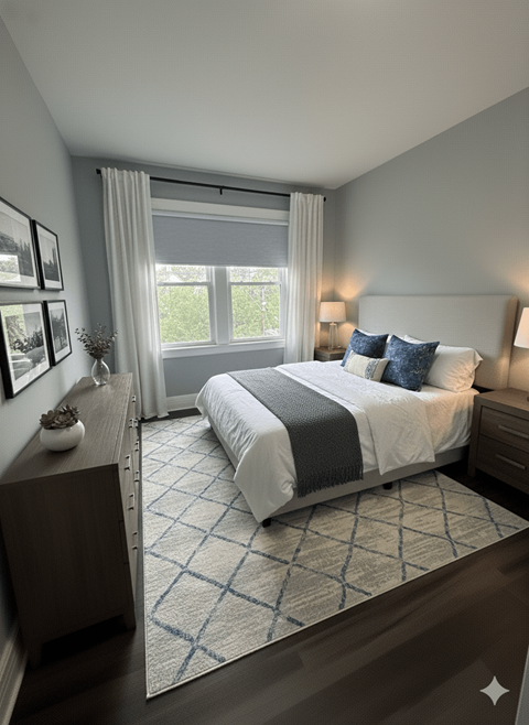 A bedroom with a large bed and a window with white curtains.