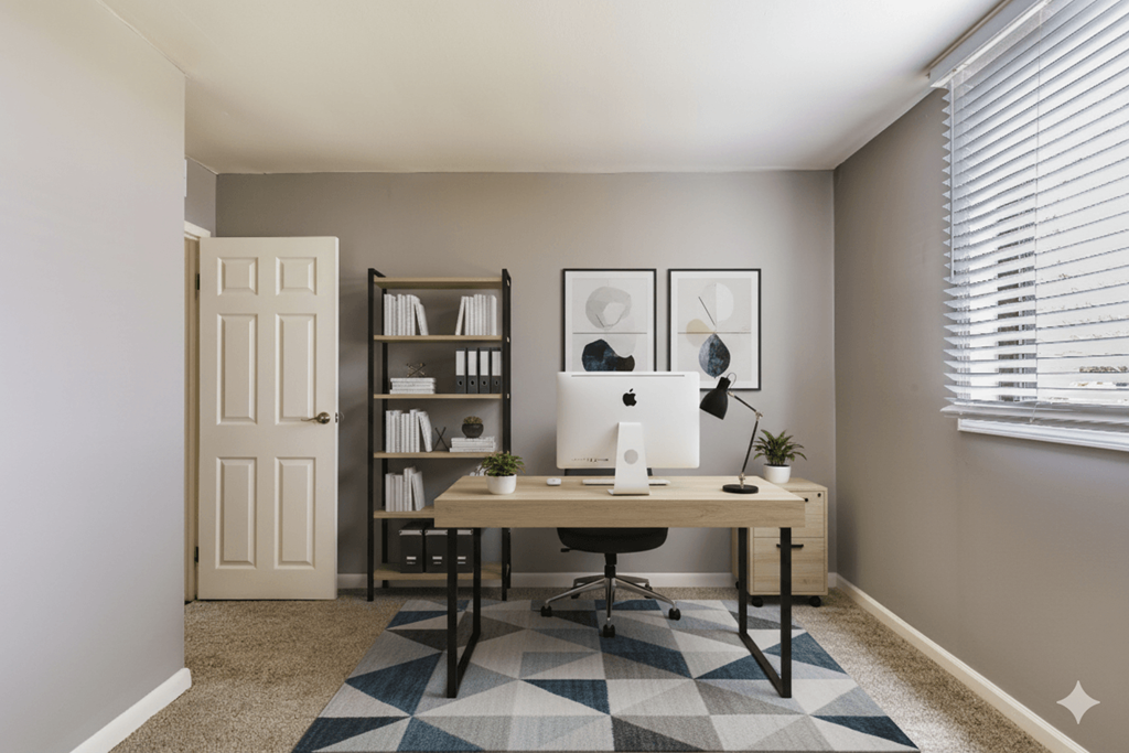A room with a desk, chair, and bookshelf.