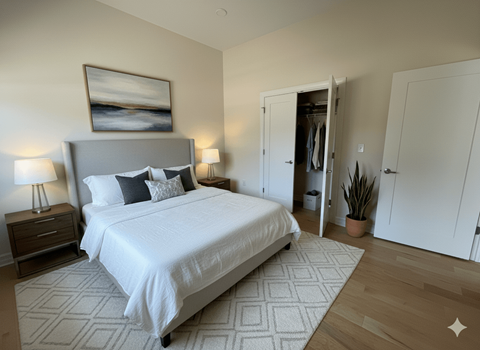 A bedroom with a large bed and a painting on the wall.