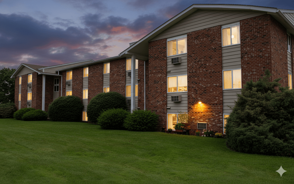 A building with a lawn in front of it.