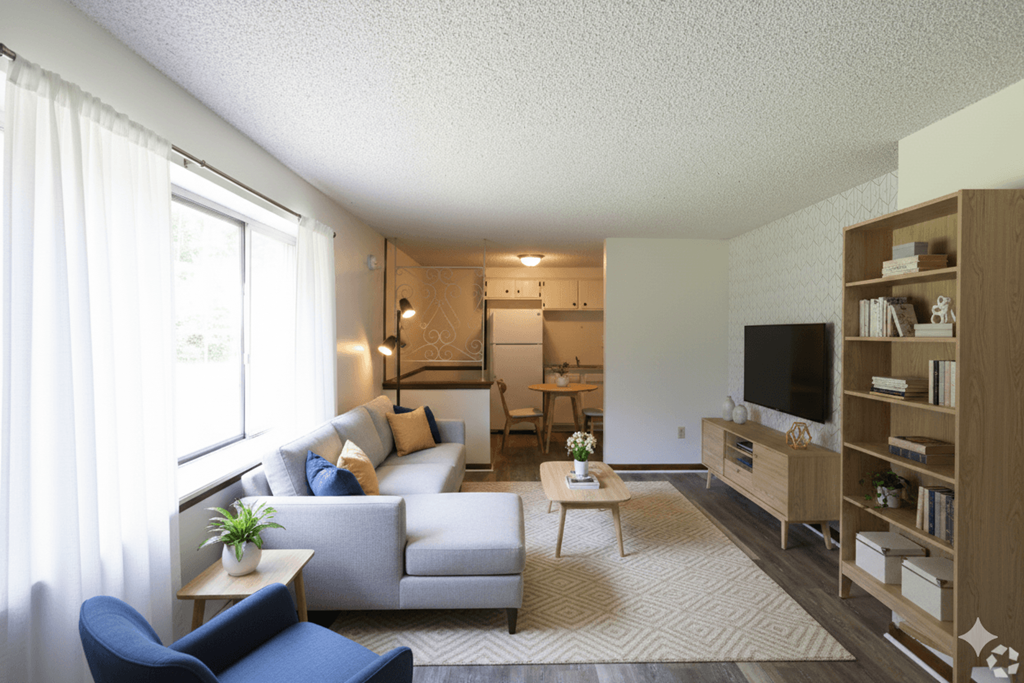 A living room with a grey couch, a blue chair, a small table with a plant, and a television.