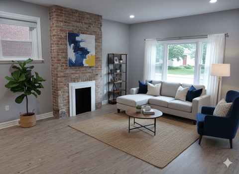 A living room with a fireplace and a painting on the wall.