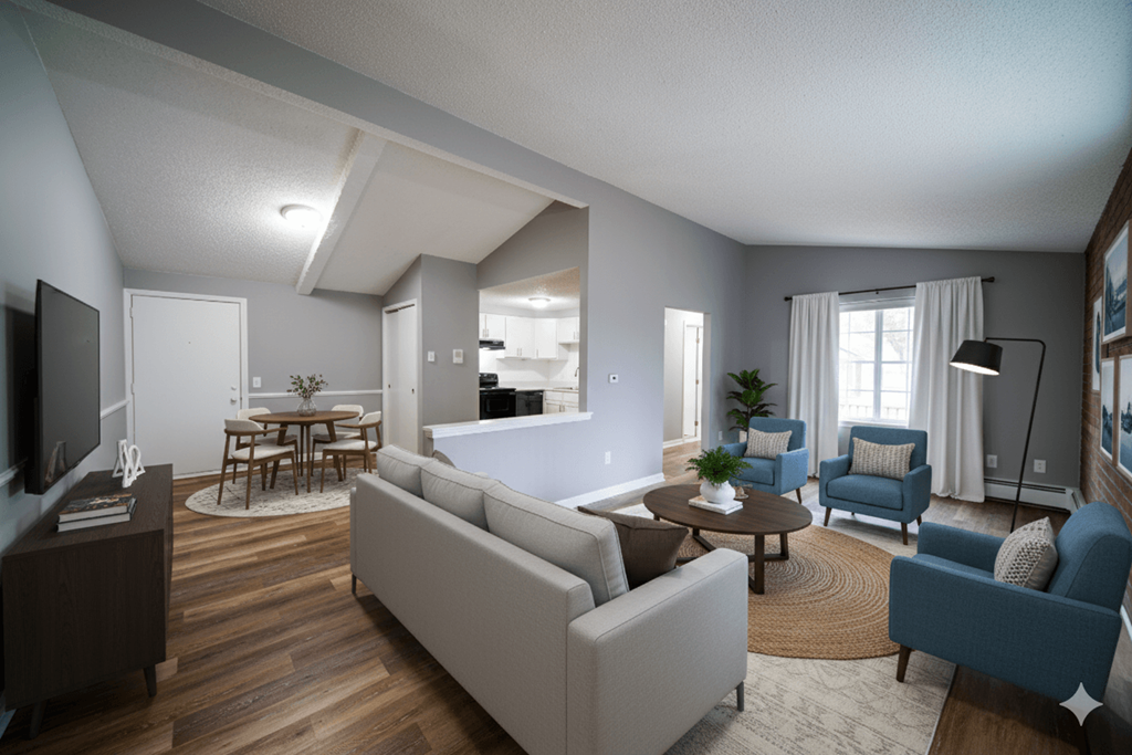 A living room with a grey couch and a wooden floor.