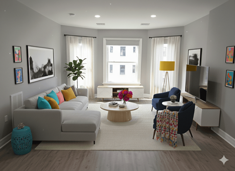 A living room with a white couch, a coffee table, and a potted plant.