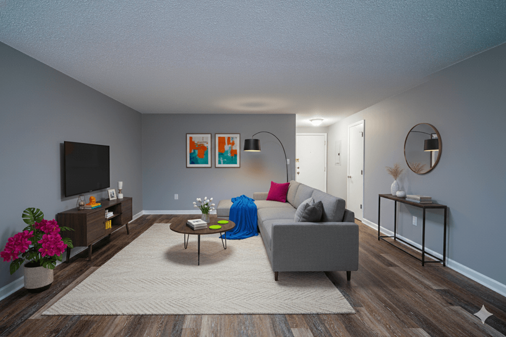 A living room with a grey couch, a coffee table, a TV, and a painting on the wall.