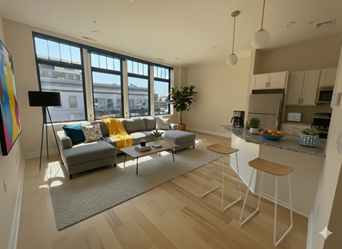 A living room with a grey couch and a coffee table.