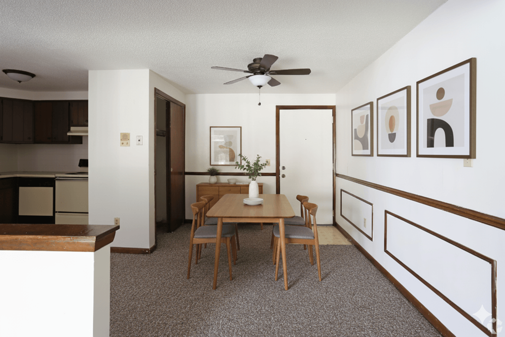 A dining room with a table set for two and a ceiling fan.