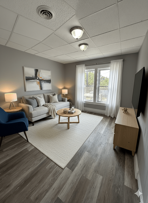 A living room with a grey couch, a wooden coffee table, and a flat screen TV.