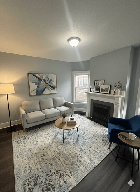 A living room with a white couch, a blue chair, a coffee table, and a fireplace.