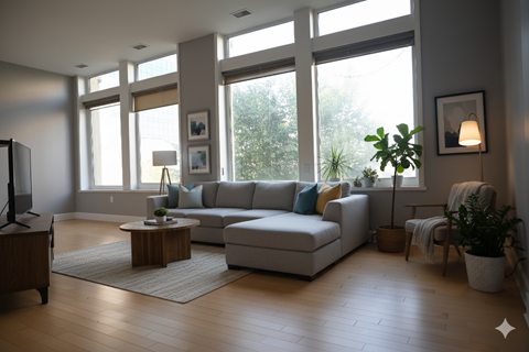 A living room with a white couch and a wooden coffee table.