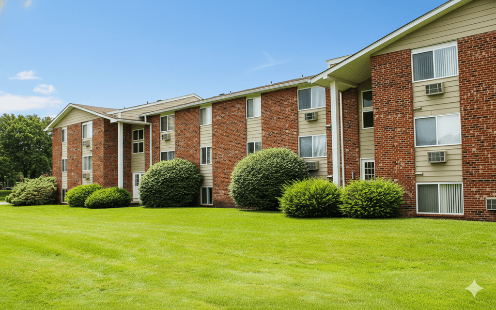A row of red brick apartment buildings with green bushes in front.