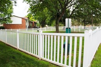 a white picket fence with a tree in the background