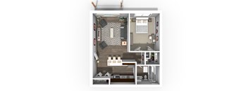 A top-down view of a small, neatly organized apartment with a kitchen, living room, and bathroom.