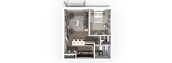 A top-down view of a small apartment with a kitchen, living room, and bathroom.