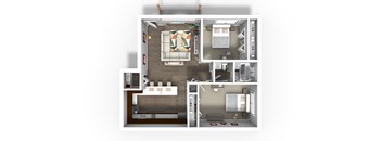 A 3D floor plan of a house showing a kitchen, living room, and two bedrooms.