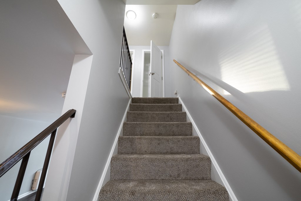 a stairway with carpet stairs with a railing and white walls at Willowbrooke Apartments, Brockport, New York