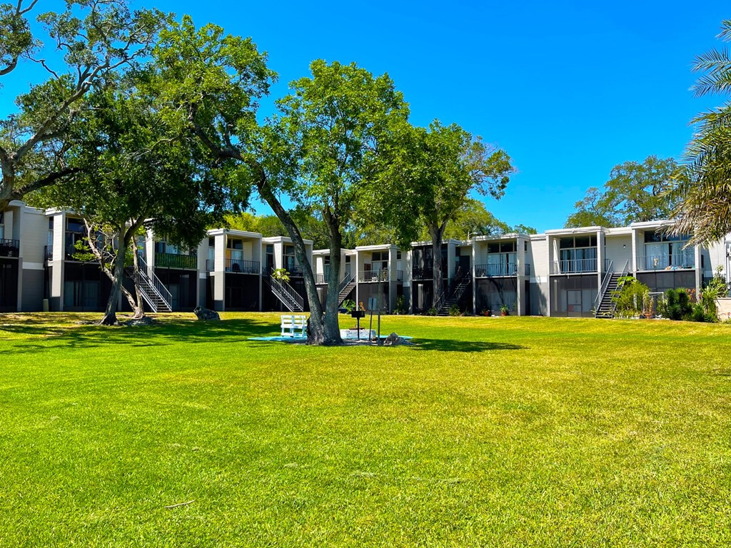 a group of apartments in the background with a grassy area in the foreground