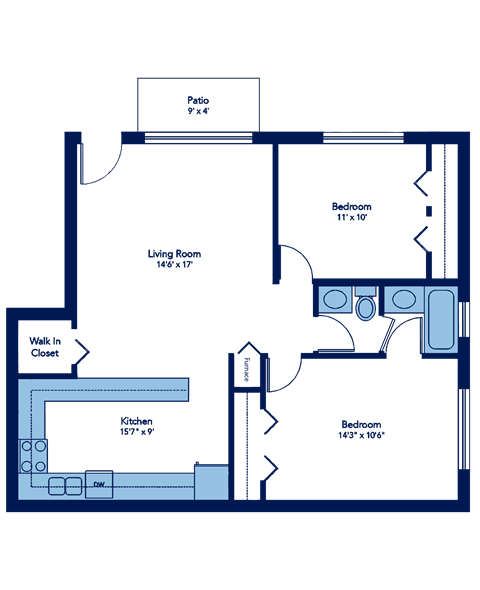 800 Square-Foot Orchid 2 Bedroom 1 Bath Floor Plan at Woodland Ridge, Woodridge, IL, 60517