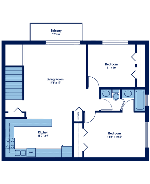 900 Square-Foot Violet 2 Bedroom 1 Bath Floor Plan at Woodland Ridge, Woodridge, IL