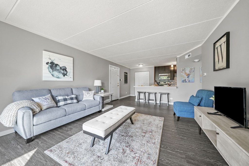 Renovated Living Room with decor at Woodland Ridge Apartments in Woodridge, IL