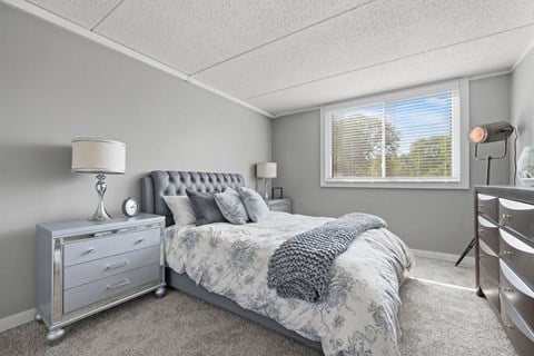Renovated Bedroom with window view at Woodland Ridge Apartments in Woodridge, IL