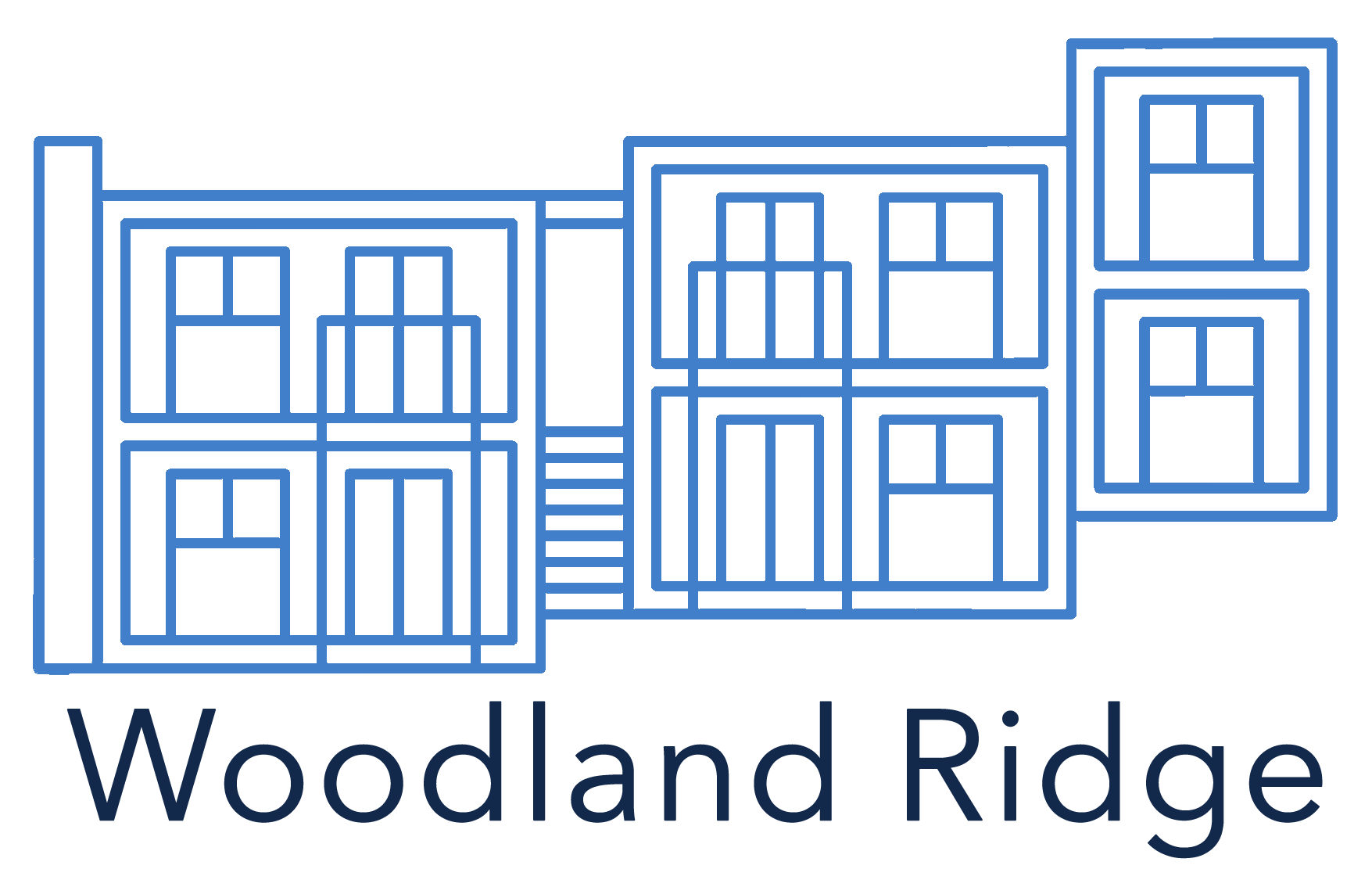 A graphic of a building with the text "Woodland Ridge" below it.