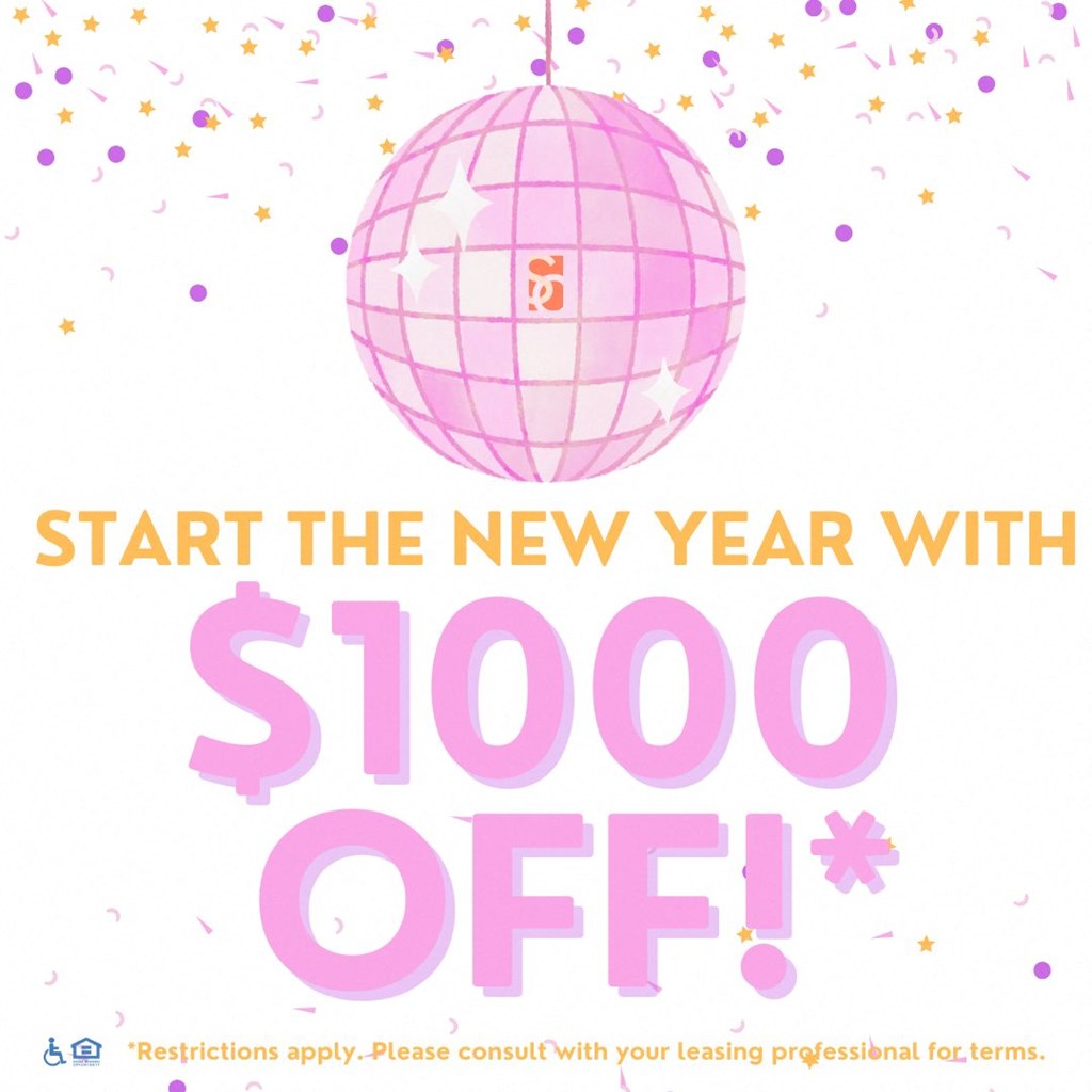 A pink disco ball with the text "START THE NEW YEAR WITH $1000 OFF!"