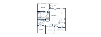 A floor plan of a house with a living room, dining room, kitchen, and multiple bedrooms.