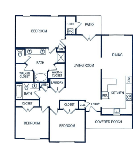 A floor plan of a house with a living room, dining room, kitchen, and multiple bedrooms.
