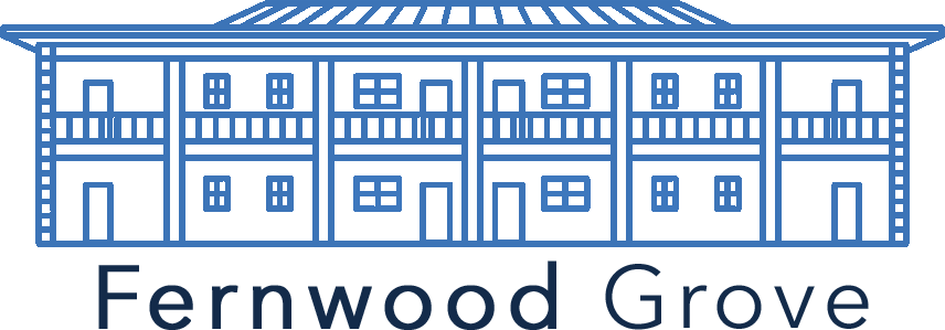 A blue and green image of a building with the words Fernwood Grove.