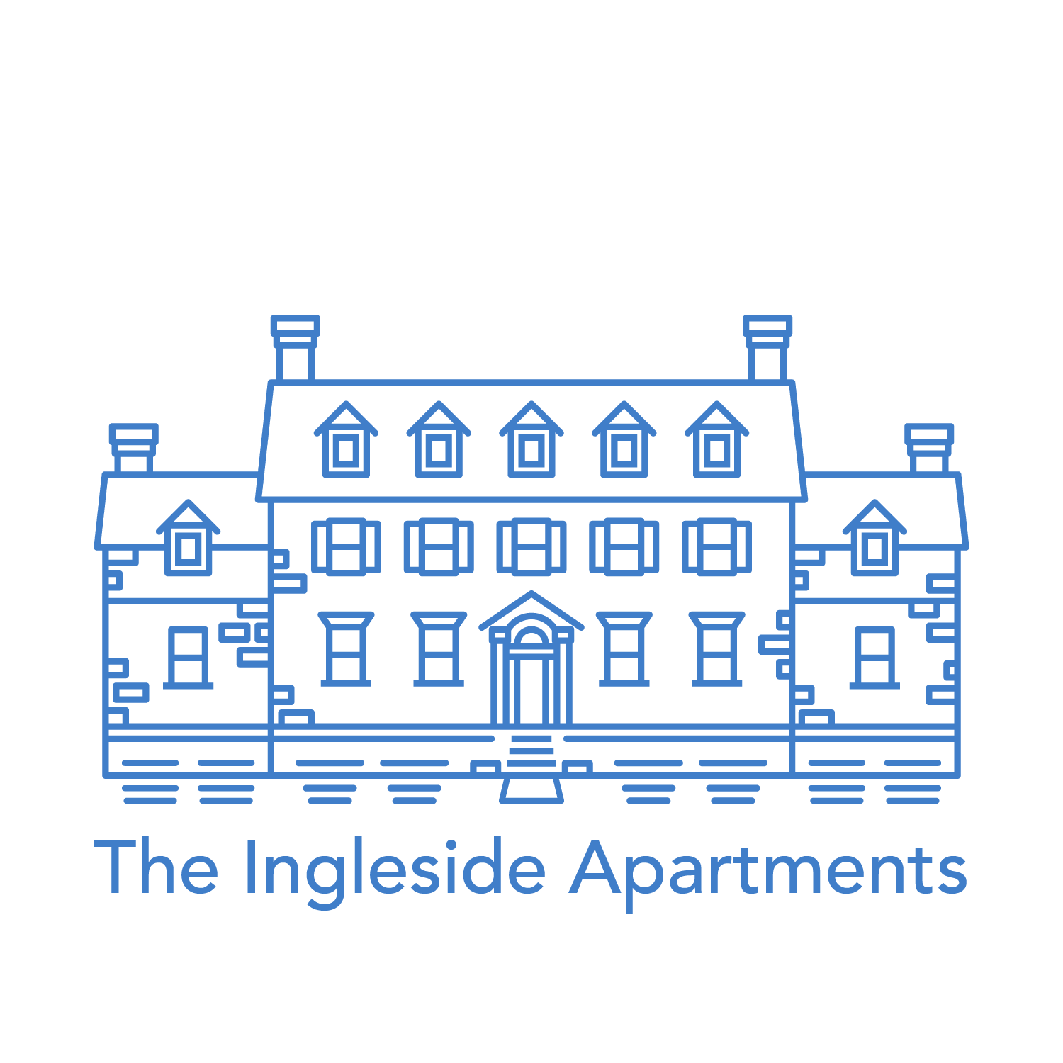 A blue line drawing of a building with the text "The Ingleside Apartments" below it.