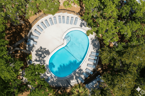A heart-shaped pool surrounded by trees.