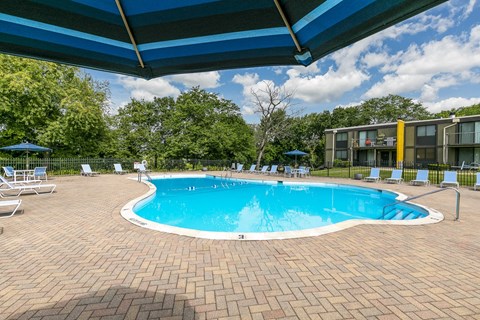 A swimming pool surrounded by a brick patio and lounge chairs under a blue canopy.