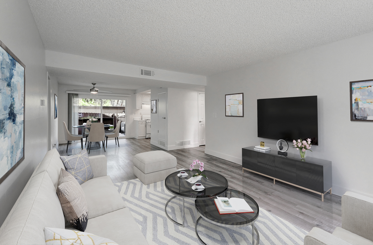 Two Bedroom living room with furniture at Idylwood apartments