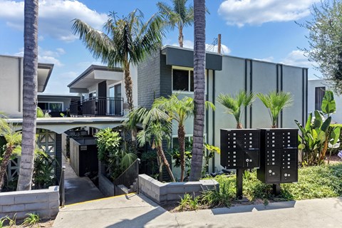 A modern house with a glass wall and a black gate.