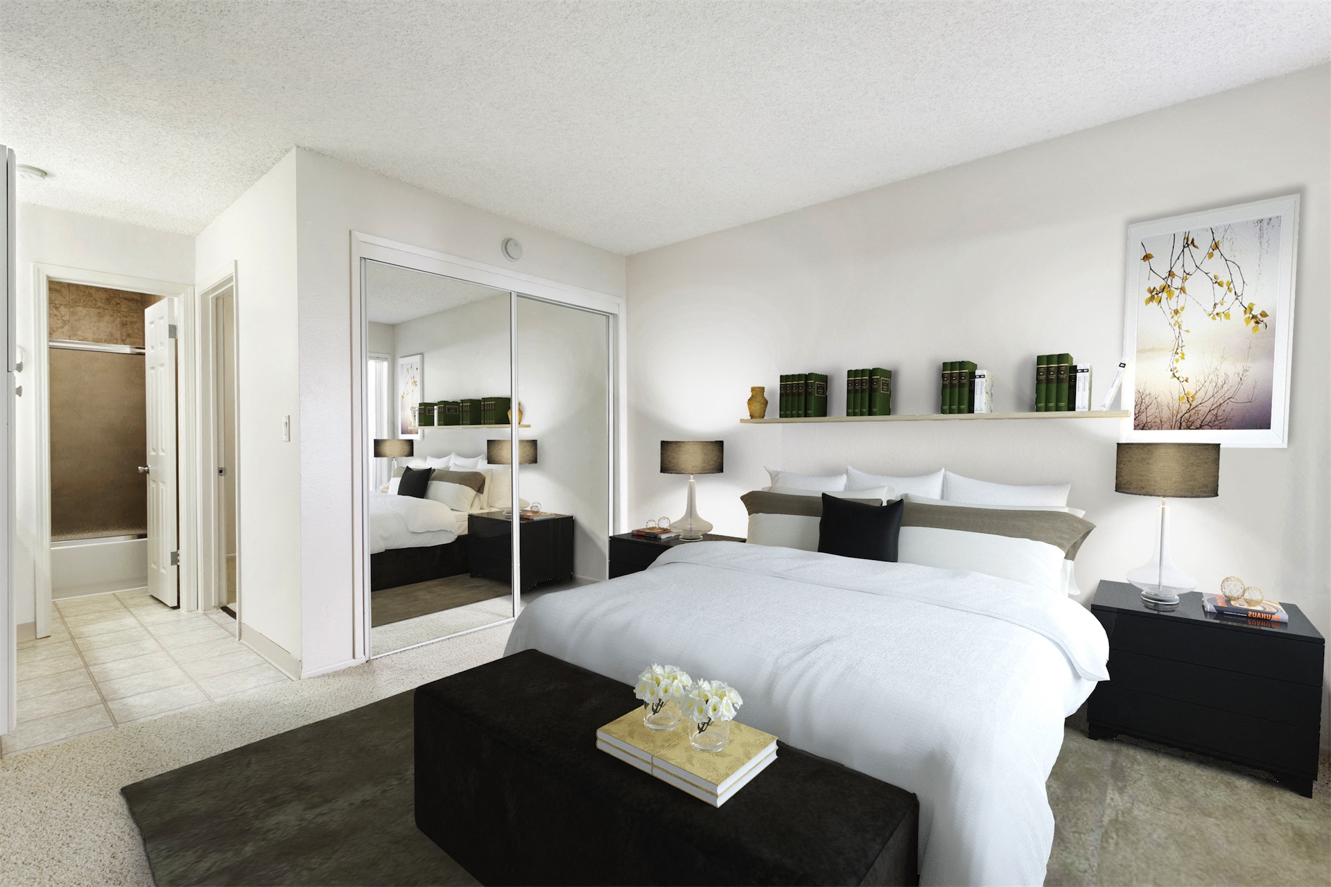 Bedroom with Furniture of Nutwood East with view of the bathroom