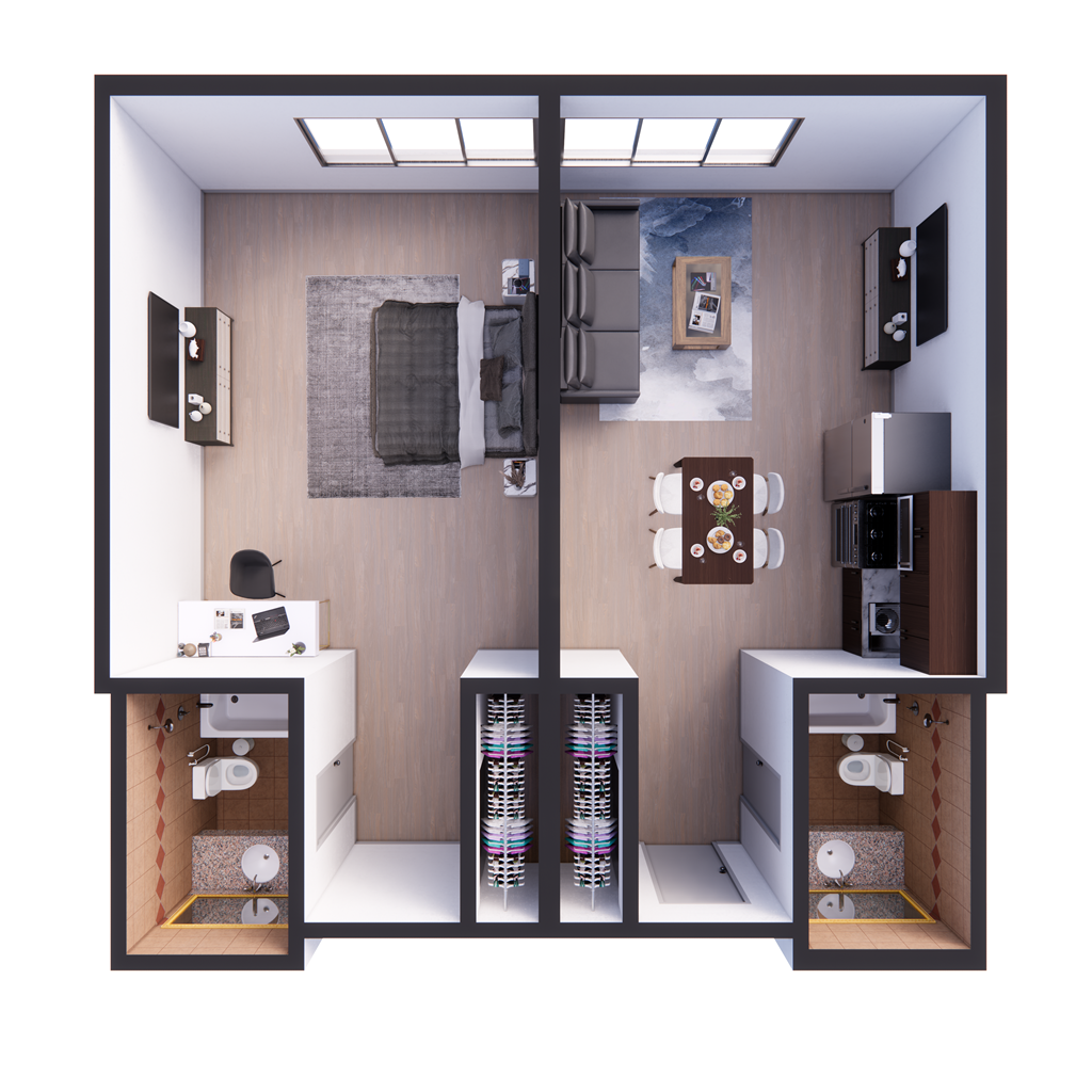 a bedroom with a bed and a chair in a room at The Block at Sterling Heights, Sterling Heights, MI, 48312