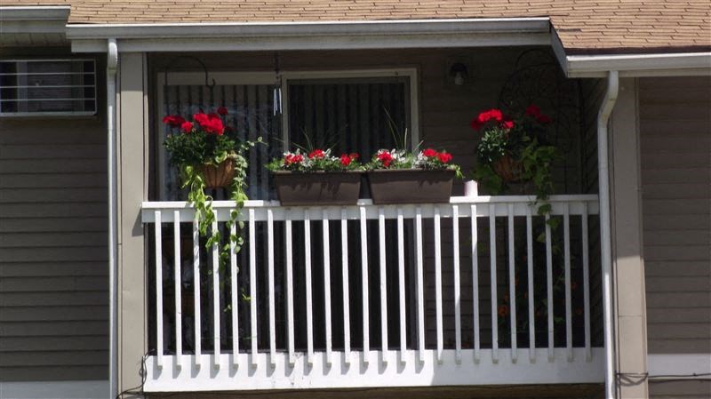 three pots of flowers on a white porch