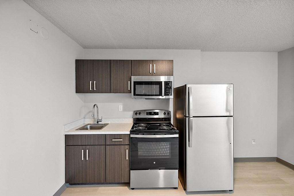 a kitchen with stainless steel appliances and a refrigerator