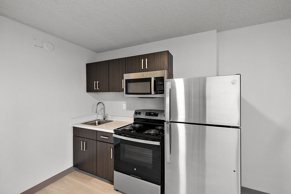 a kitchen with stainless steel appliances and a refrigerator