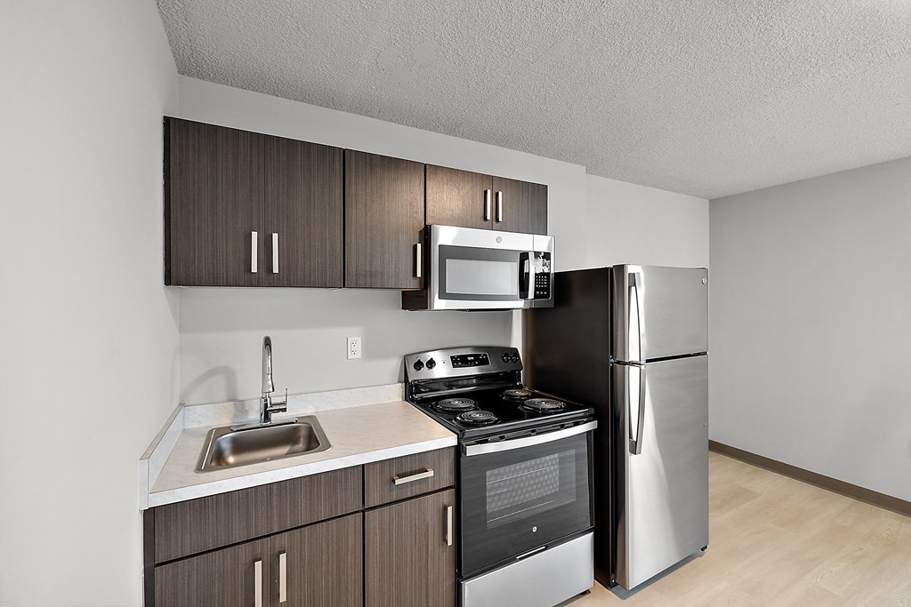 a kitchen with stainless steel appliances and a sink and refrigerator