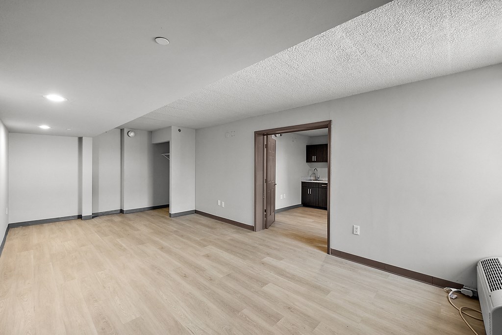 a spacious living room with white walls and wood flooring