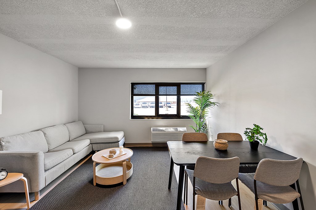 a living room with a couch and a table and chairs