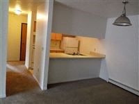 an empty room with a kitchen and a sink