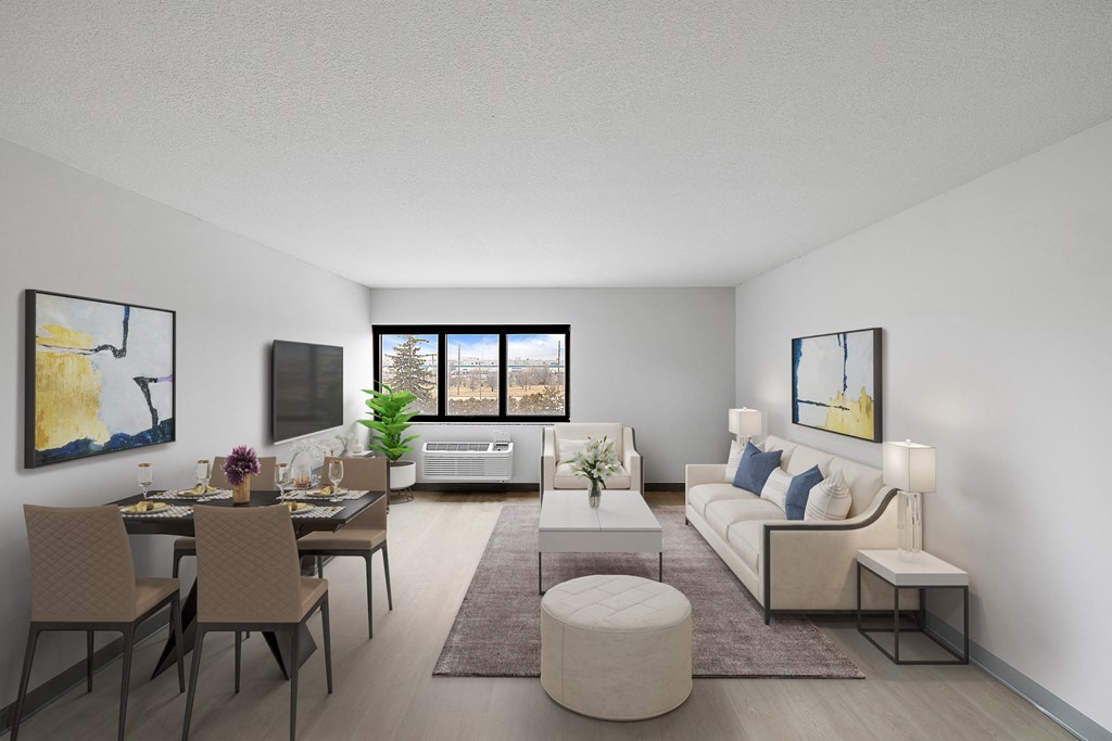 a rendering of a living room with white walls and a large window at The Block at Sterling Heights, Sterling Heights, MI, 48312