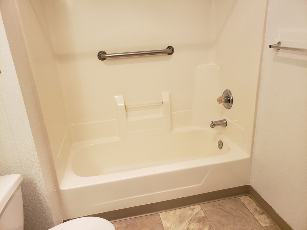 a bathroom with a bathtub and a toilet