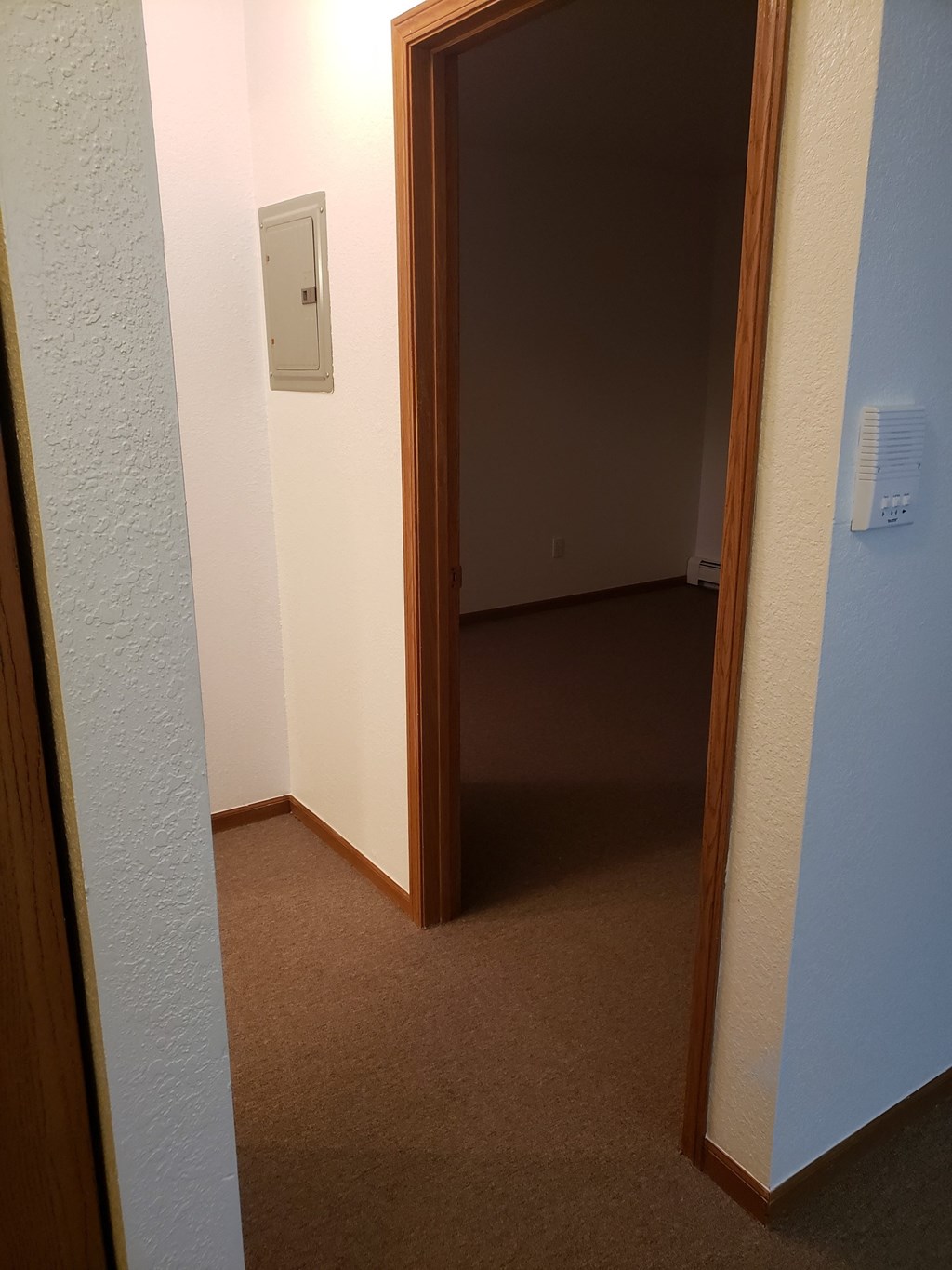 a door leading to a hallway with a light switch on the wall and a carpeted floor