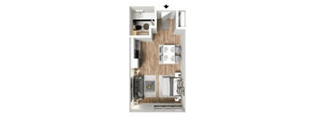 a stylized floor plan with a bedroom and a bathroom
